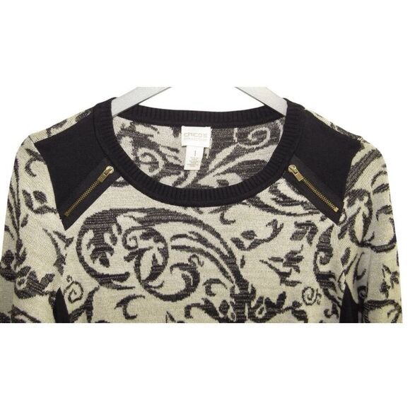 Chico's Black Cream & Gold Zipper Accent Shoulder Sweater Sz 1 M/8 - Picture 2 of 4